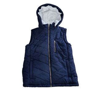 Wantdo Navy Blue Quilted Puffer Vest with Hood Size Medium Sherpa Winter Outdoor
